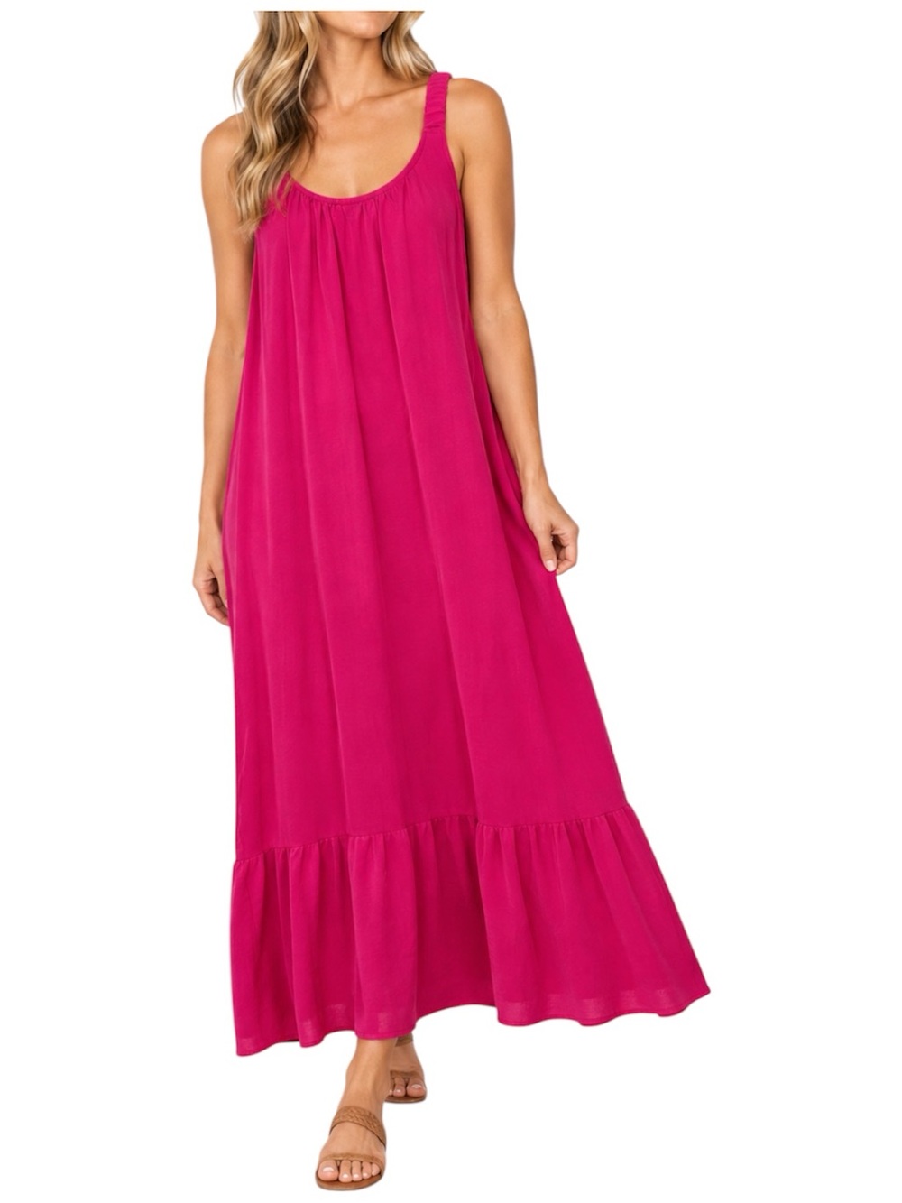 See You Monday Large Hot Pink Maxi Dress Ruched Straps Ruffle Hem Flowy